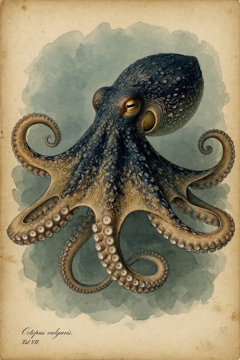Octopus vulgaris — Illustration im Stil historischer Kupferstiche